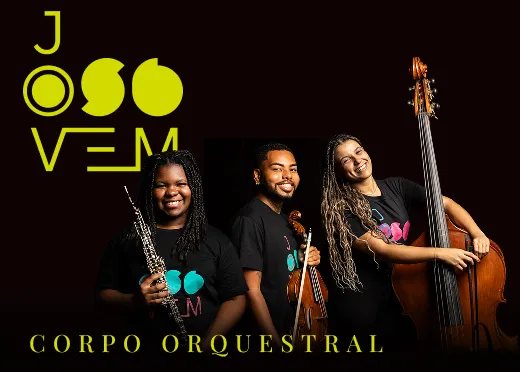 Arte ilustrativa com logo estilizado da OSB Jovem ao lado de três músicos da orquestra com seus respectivos instrumentos e a escrita "corpo orquestral".